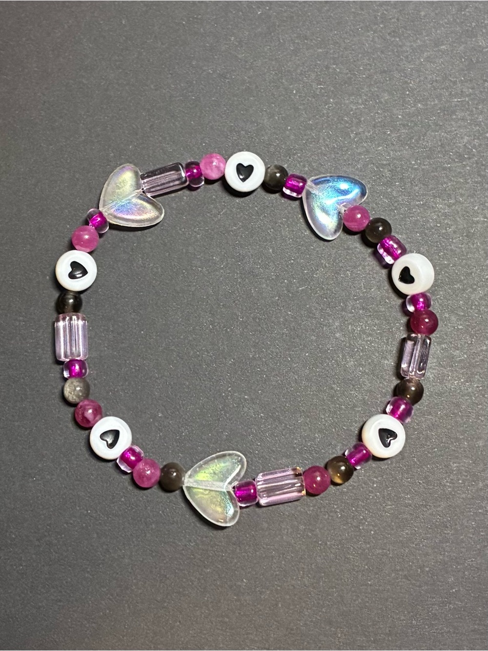 Handmade Pink and black Heart Beaded Stretch Bracelet